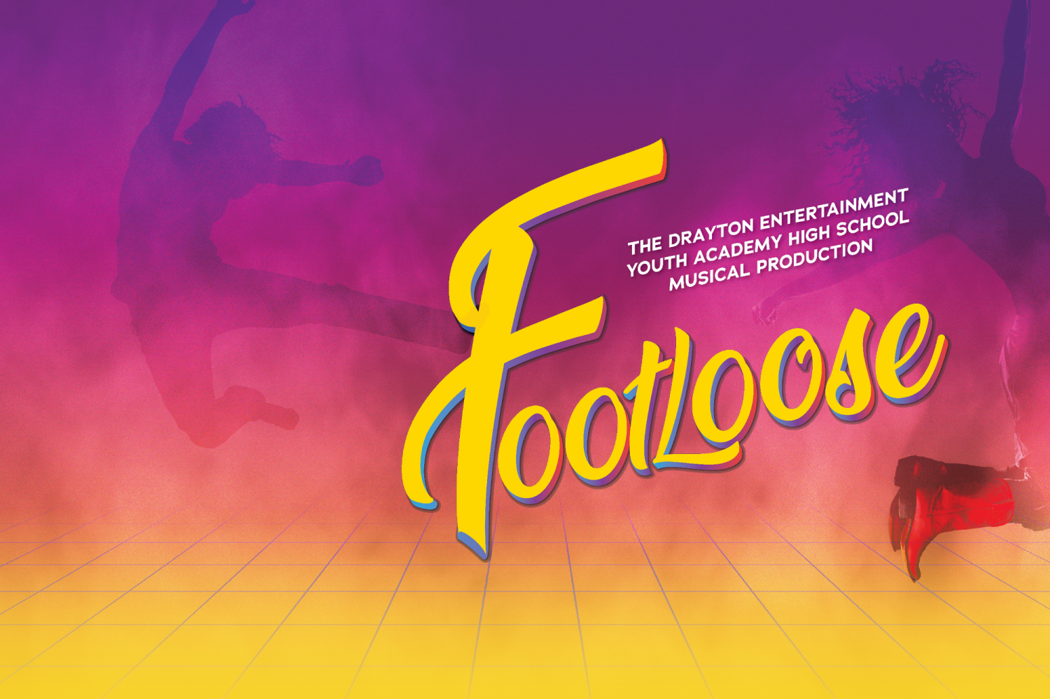 Show artwork for Footloose showing two silhouettes of dancers leaping in the air, and the title of the show in yellow