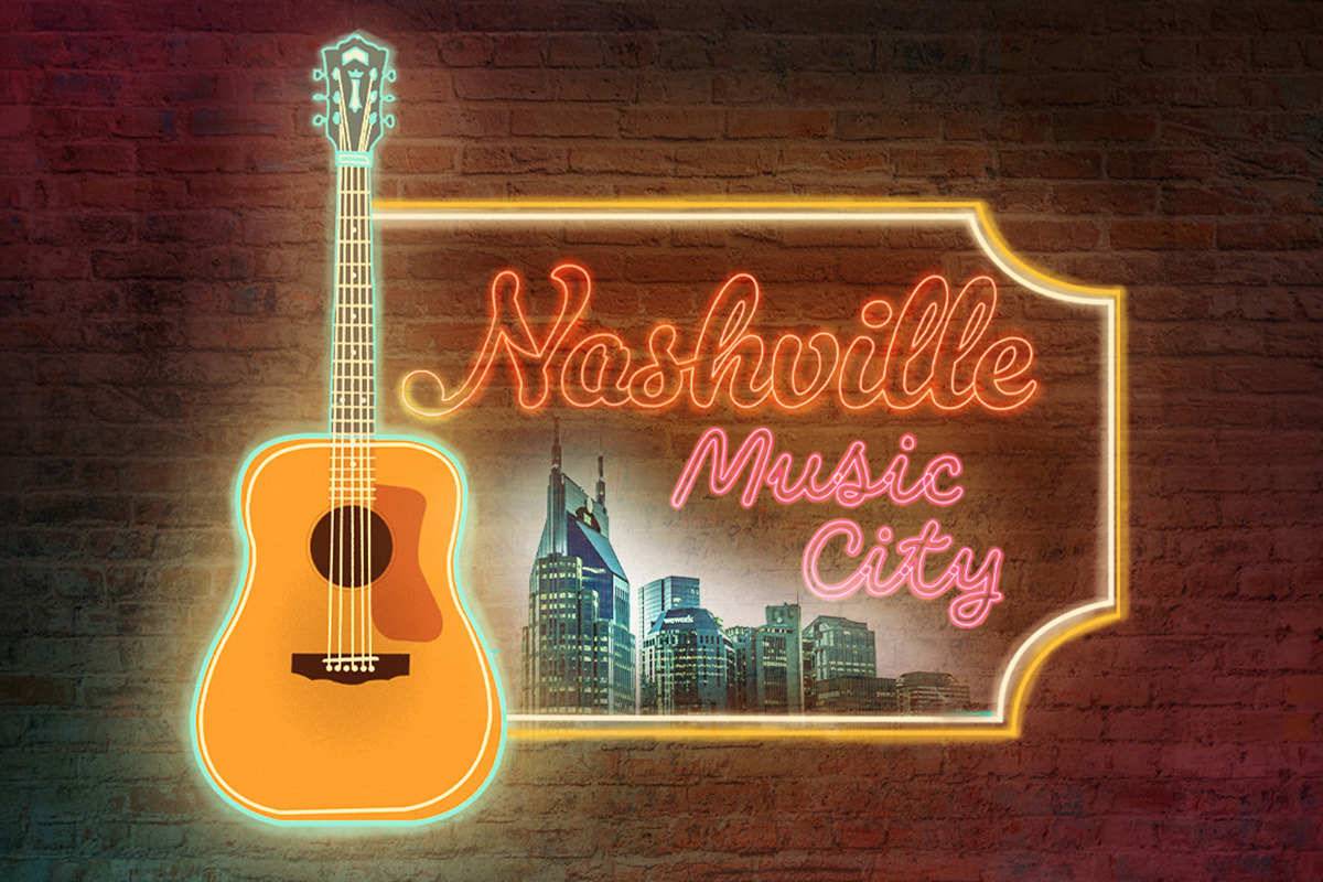 Promotional image for Nashville Music City at Drayton Festival Theatre, featuring a glowing neon acoustic guitar beside bright script lettering and a Nashville skyline against a brick wall.