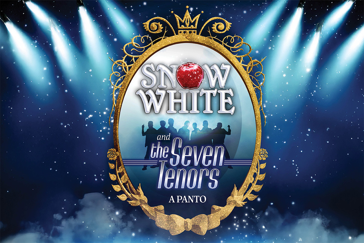Snow White and the Seven Tenors title inside a gold mirror frame with stage lights, stars, and clouds on a blue background.