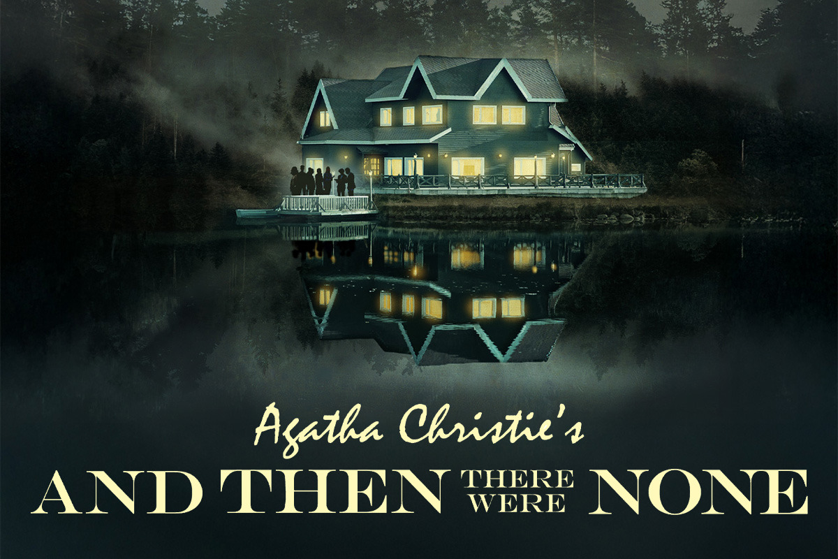 Agatha Christie's And Then There Were None appears in bold silver letters against a dark blue starry background, illuminated by a soft spotlight that creates a theatrical, Broadway-inspired atmosphere.
