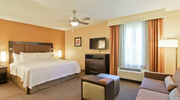 A well-lit hotel room featuring a king-size bed with white linens and a brown headboard. The room has warm-toned walls, a ceiling fan, a flat-screen TV mounted on the wall, and a small sofa. A window with orange and beige curtains lets in natural lig