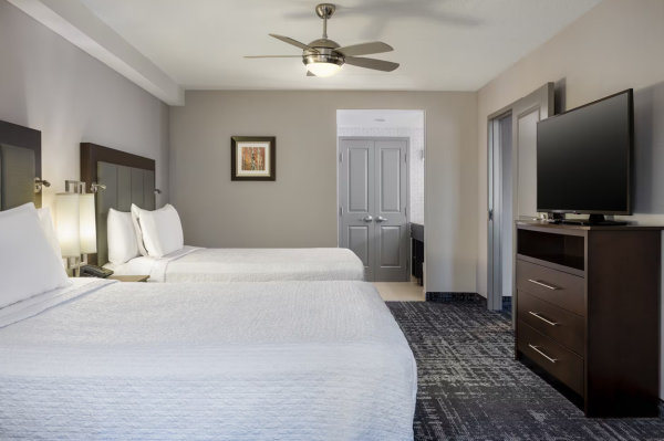 A well-lit hotel room featuring a king-size bed with white linens and a brown headboard. The room has warm-toned walls, a ceiling fan, a flat-screen TV mounted on the wall, and a small sofa. A window with orange and beige curtains lets in natural lig