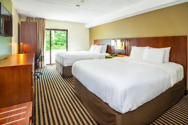 A bright and inviting hotel room featuring two comfortable queen beds, a work desk, flat-screen TV, and warm wood furnishings, with large windows overlooking greenery and filling the space with natural light.