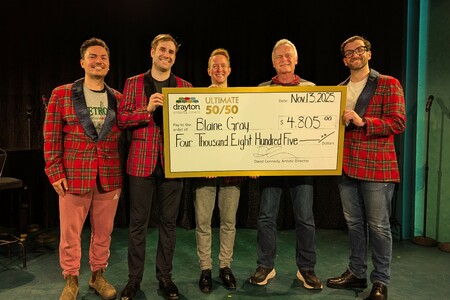 Mark Allan, Tyler Check, Connor Meek & Alex Panneton present a giant cheque to Blaine Gray, the winner of Drayton Entertainment’s Ultimate 50/50 Draw. The cheque is made out for $4,805.<