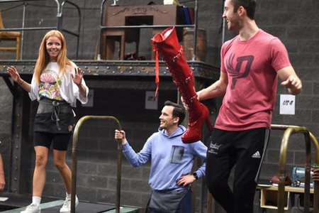 A.J. Bridel, Justin Stadnyk and Sayer Roberts practice on treadmills for Drayton Theatre’s production of Kinky Boots.