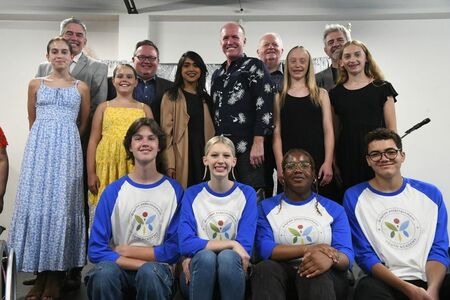 Kitchener-Conestoga MP Tim Louis, Cambridge MP Bryan May, Waterloo MP Bardish Chagger, Drayton Entertainment’s David Connolly, Neil Aitchison and Alex Mustakas with some of the young performers involved with the Youth Academy. [Leah Gerber]