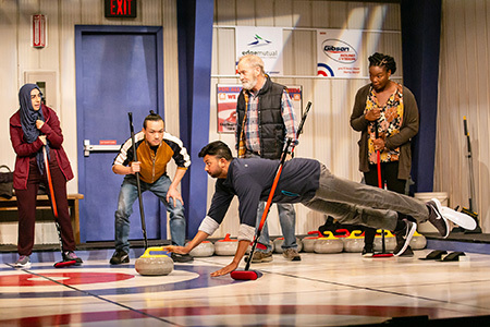 Zaynna Khalife, Norman Yeung, Andrew Prashad, John Jarvis, and Chiamaka Glory in The New Canadian Curling Club, Drayton Entertainment, 2023 Season. Directed by Jane Spence; Set Design by Beckie Morris; Costume Design by Alex Amini; Lighting Design by