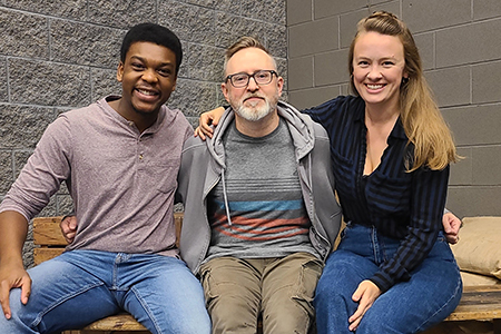 From left: Dante Jemmott (Charlie), director Skye Brandon, and Ellen Denny (Mary) during rehearsals for the romantic drama, Mary's Wedding.