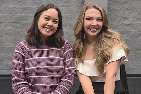 Lia Luz and Emma Rudy in the rehearsal hall for Peter Pan: The Panto<