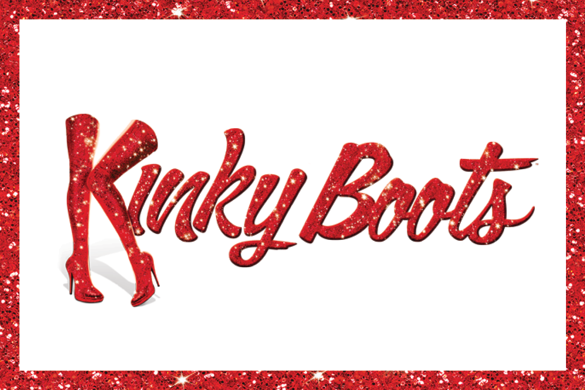 Drayton's logo for KINKY BOOTS. A white background with a red sequent boarder surrounding the name of the musical. The 'K' transitions into the iconic Boots from the show.
