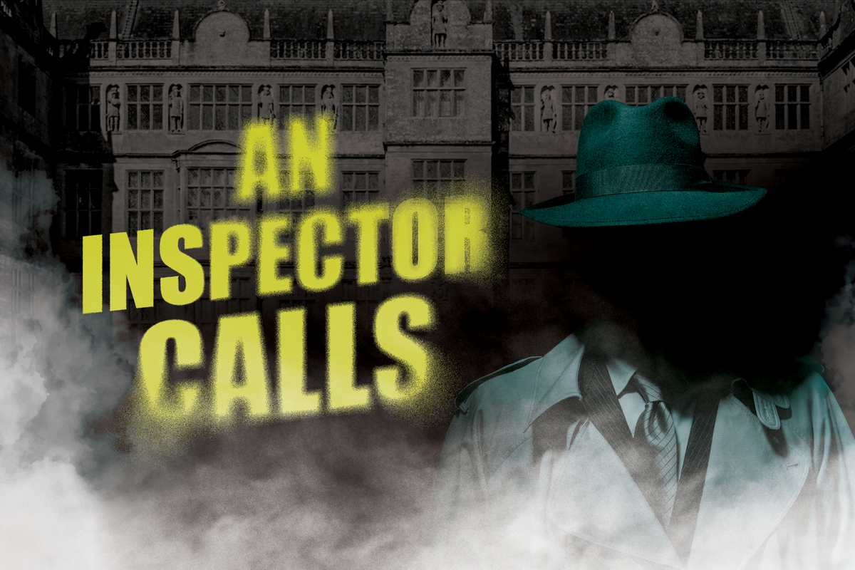 Drayton's logo for AN INSPECTOR CALLS. An old manor is in the background of a shaded man in an emerald suit and hat. The show title in bright yellow is shaded by fog.