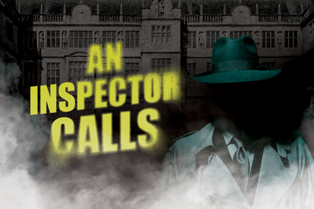 Drayton's logo for AN INSPECTOR CALLS. An old manor is in the background of a shaded man in an emerald suit and hat. The show title in bright yellow is shaded by fog.
