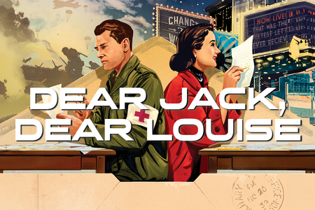 Drayton's art for DEAR JACK, DEAR LOUISE. A war-time drawing of a military man and a women holding letters with the community they are in behind.