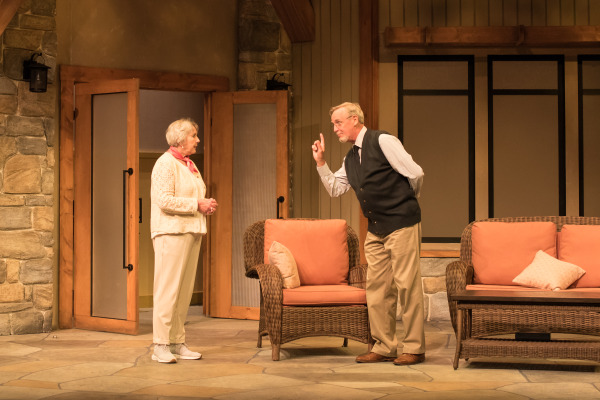 A scene from Doris and Ivy in the Home with two people standing and talking in a rustic indoor setting with wicker furniture.