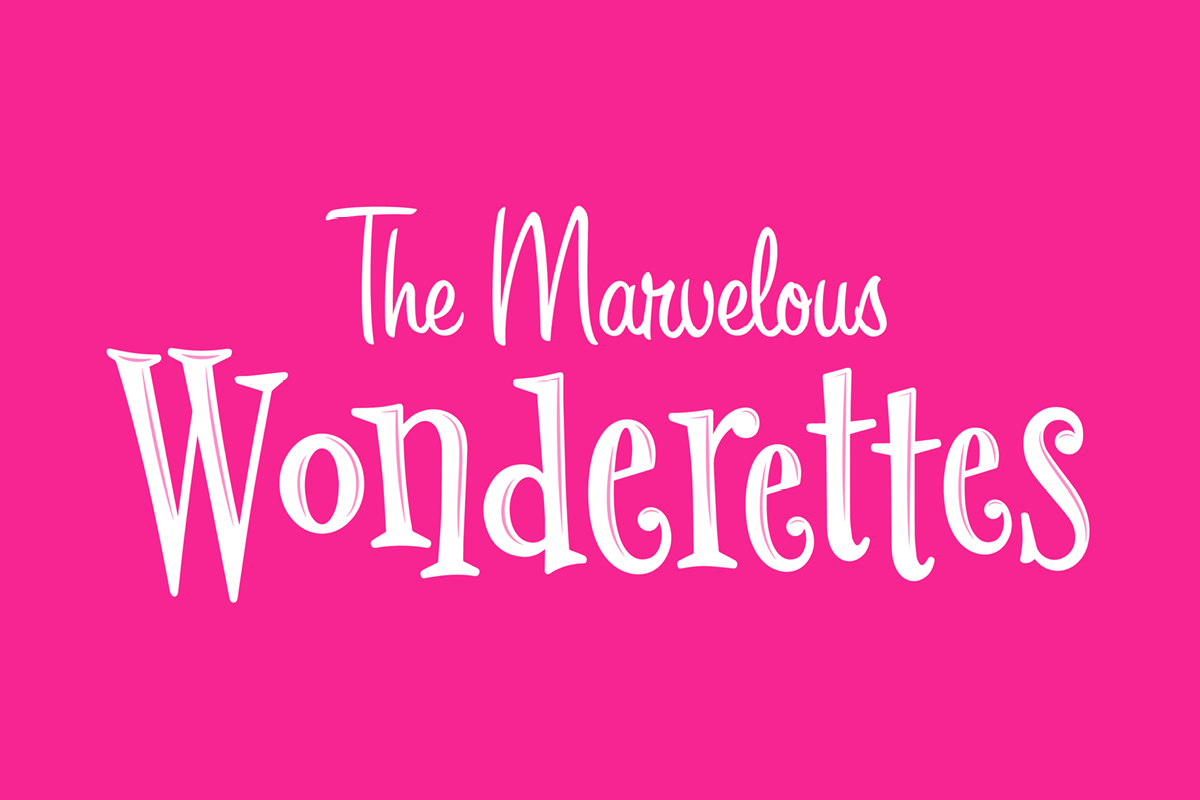 Drayton's logo for 'THE MARVELOUS WONDERETTES'. A vibrant pink background with vintage whimsy text.