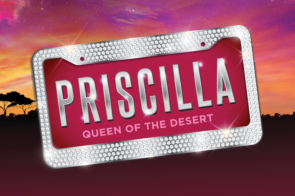 Drayton's logo for PRISCILLA QUEEN OF THE DESERT. A sunset background with a bedazzled license plate with the show name written inside.