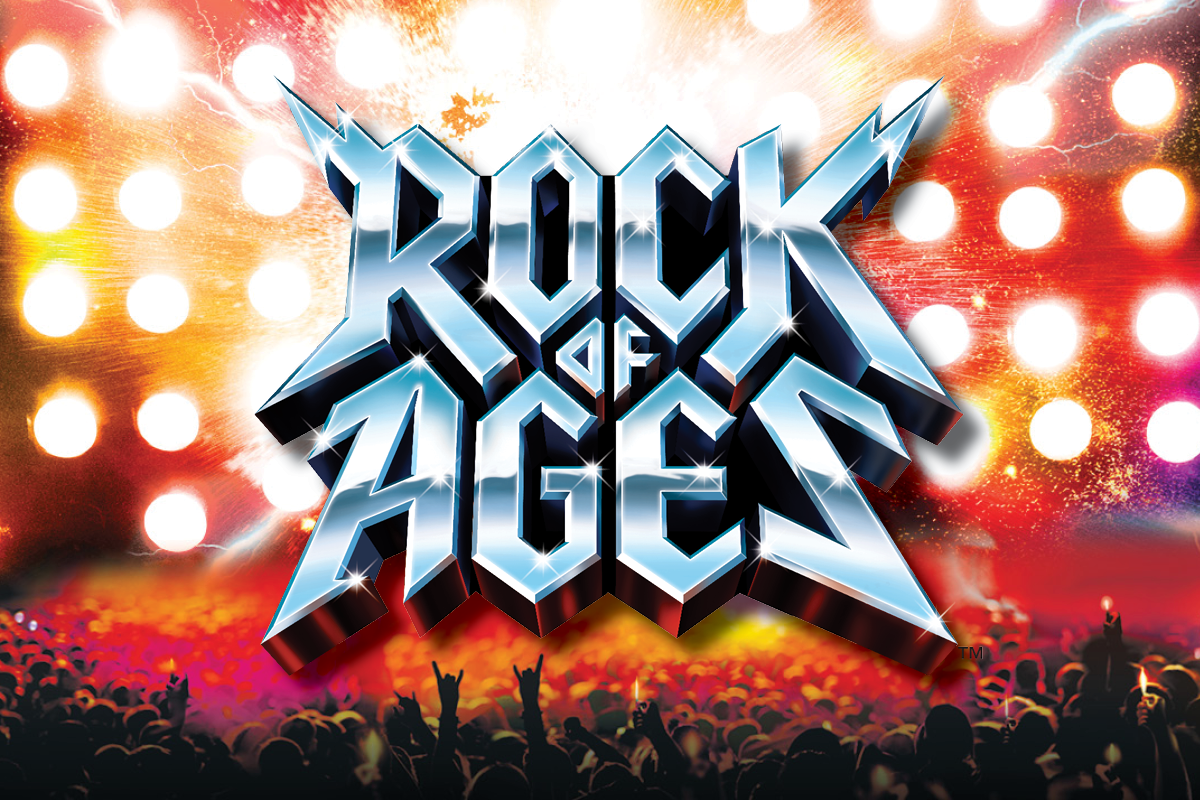 Rock of Ages show title with a rock concert audience and spotlights in the background