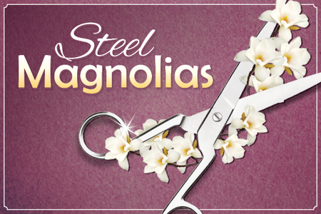 Drayton's logo for STEEL MAGNOLIAS. A purple textured background with steel hairdressing scissors, draped with a white magnolia vine. The show title in the upper left corner in white and gold.