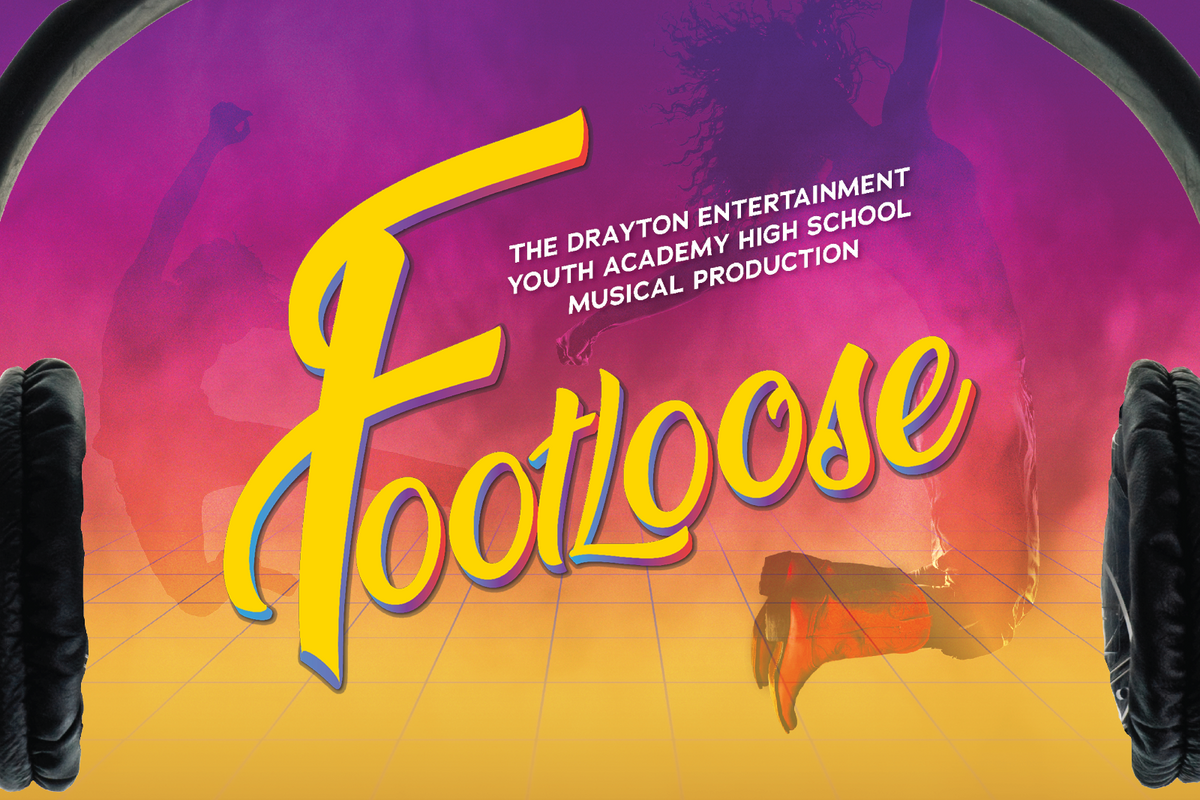 Show artwork for Footloose showing two silhouettes of dancers leaping in the air, and the title of the show in yellow