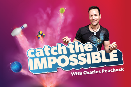 A promotional image featuring a person with their face obscured, surrounded by an explosion of colorful smoke and various objects like a bowling pin, ball, and cube suspended in mid-air. The text ‘catch the IMPOSSIBLE With Charles Peachock’ is promin