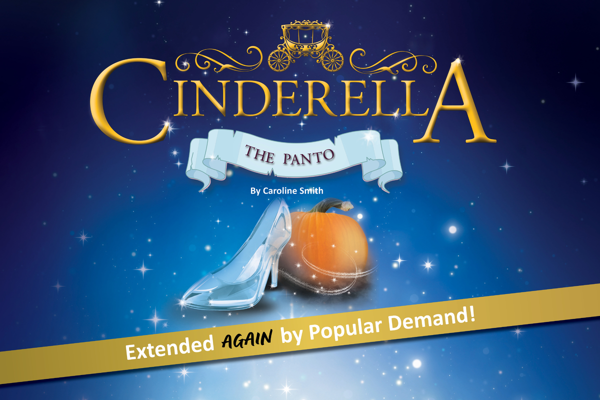 This promotional image for Cinderella: The Panto features the title in bold, white letters against a sparkling background. The backdrop transitions from warm golden hues at the top to cool blues at the bottom, creating a magical and festive atmospher