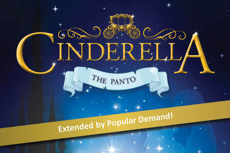 This promotional image for Cinderella: The Panto features the title in bold, white letters against a sparkling background. The backdrop transitions from warm golden hues at the top to cool blues at the bottom, creating a magical and festive atmospher