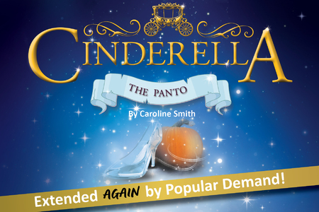 This promotional image for Cinderella: The Panto features the title in bold, white letters against a sparkling background. The backdrop transitions from warm golden hues at the top to cool blues at the bottom, creating a magical and festive atmospher