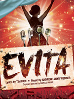 This promotional image for Evita features the title in bold, white letters against a sparkling background. The backdrop transitions from warm golden hues at the top to cool blues at the bottom, creating a glamorous and dramatic atmosphere.