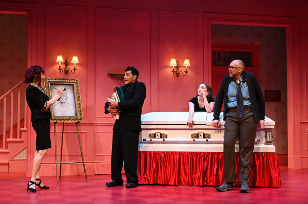 Fuad Ahmed, Alison Beckwith , and Mark Crawford in Liars at a Funeral , Drayton Entertainment, 2025 Season. Directed by Dennis Garnhum; Set Design by Scott Penner; Costume Design by Alex Amini; Lighting Design by Christian Horoszczak; Sound Design by Donovan Seidle; Stage Manager Sam Hale; Assistant Stage Manager Frances Bundy; Photography by Cheryl Oudshoorn.