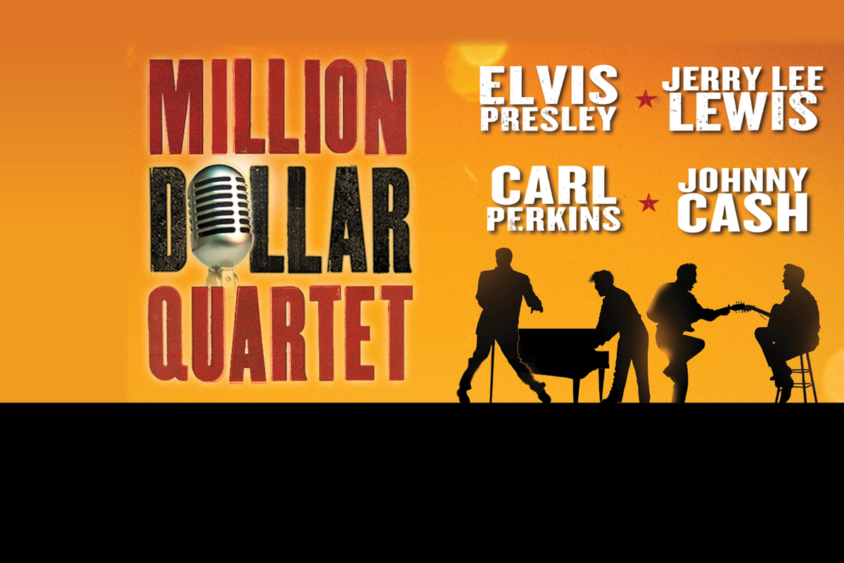 This promotional image for Million Dollar Quartet features the title in bold, white letters against a sparkling, bokeh background. The backdrop transitions from warm golden tones at the top to cool blues at the bottom, with glowing lights creating a