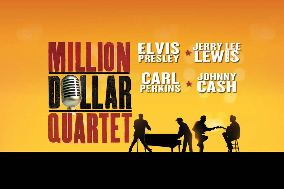 This promotional image for Million Dollar Quartet features the title in bold, white letters against a sparkling, bokeh background. The backdrop transitions from warm golden tones at the top to cool blues at the bottom, with glowing lights creating a