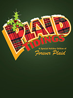 Title graphic for the show Plaid Tidings. The text is in white block letters against a sparkling background with a gradient of warm yellow, orange, and cool blue tones