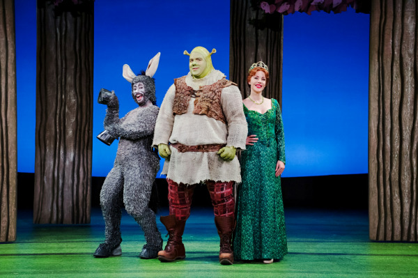 A whimsical moment on stage features three lead characters standing in front of a stylized forest backdrop. Donkey, wearing a fuzzy grey costume with large ears and black hooves, strikes a playful pose. Shrek, dressed in his iconic ogre costume with green skin and a patchwork tunic, stands confidently in the middle. Princess Fiona stands on the right in a sparkling green gown with a tiara, smiling with one hand on her hip. The backdrop includes oversized tree trunks and a glowing blue sky, evoking a fairytale forest setting.