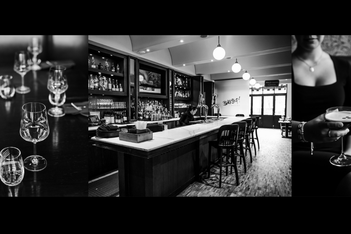This black and white image is a triptych showcasing a restaurant/bar. It features a close-up of a table setting, a view of the bar with a bartender, and a person holding a cocktail.