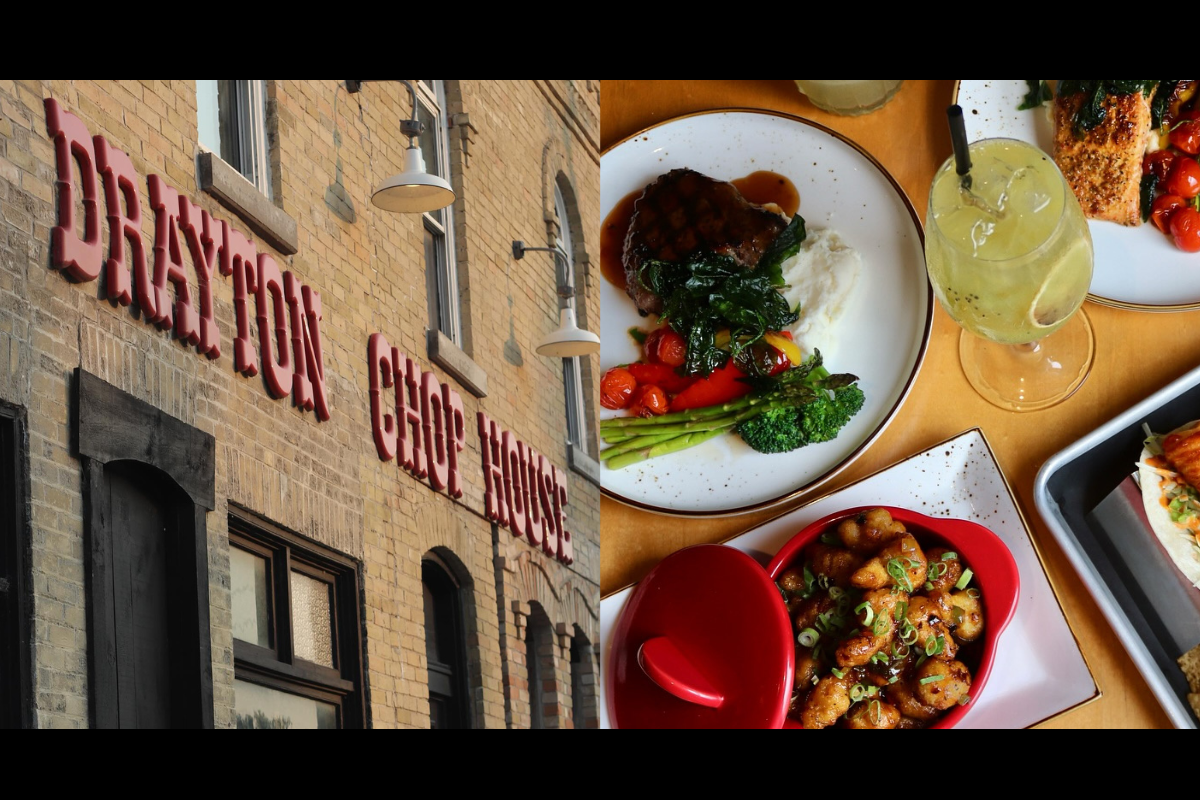 This image is a split-screen collage featuring the Drayton Chop House restaurant. On the left, the restaurant's name is prominently displayed in large, pink letters on the brick exterior of a building. On the right, a close-up shot showcases several