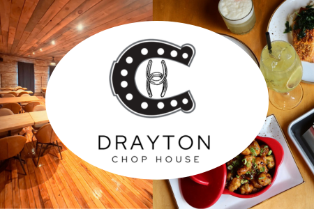 The image showcases Drayton Chop House with its logo in the center. It features glimpses of the restaurant's warm interior with wooden tables and a peek at their menu offerings like cocktails and well-presented dishes.