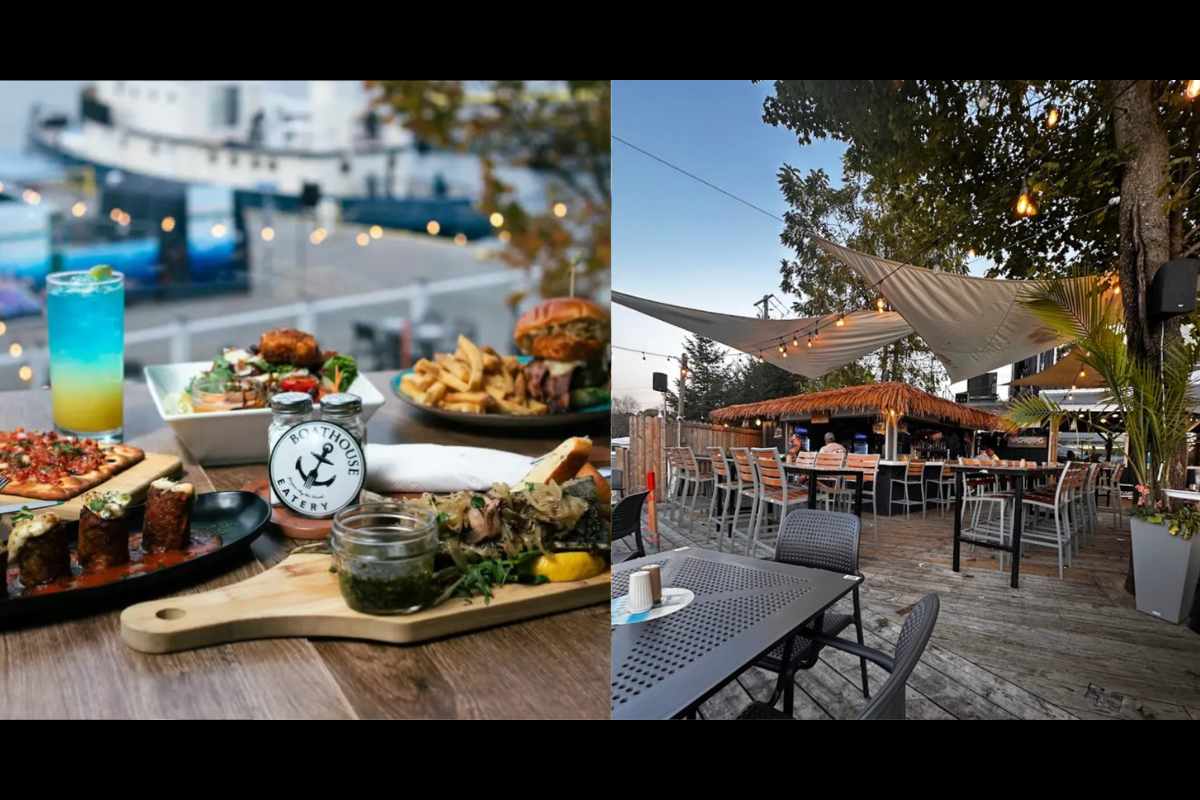 This image is a collage featuring the Boathouse Eatery, showcasing different aspects of the dining experience. It includes views of the waterfront location, close-ups of various dishes, and the restaurant's outdoor seating area.