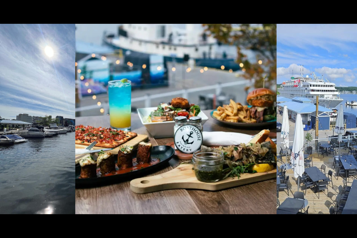 This image is a collage featuring the Boathouse Eatery, showcasing different aspects of the dining experience. It includes views of the waterfront location, close-ups of various dishes, and the restaurant's outdoor seating area.