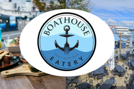 Split image showing the Boathouse Eatery logo (a white circle with a light blue background and an anchor/fork symbol) in the center, a close-up of food on a wooden table to the left, and an aerial view of a patio with black tables and chairs overlook