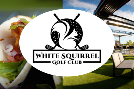 This image is a collage-style advertisement for the White Squirrel Golf Club.  It features the club's logo, a white squirrel silhouette between two crossed golf clubs, prominently in the center. On the left, there's a close-up of a taco, and on the r