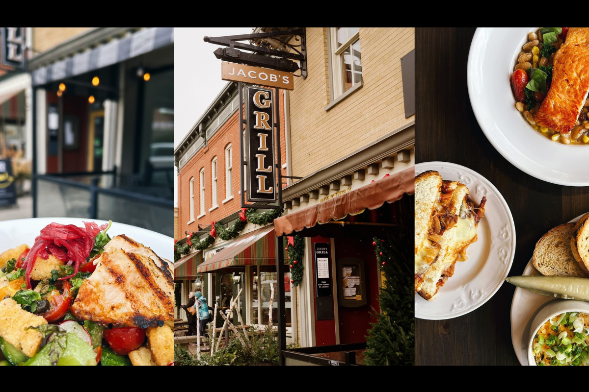 This image is a collage featuring Jacob's Grill in Cambridge, Ontario. It showcases the restaurant's exterior signage and facade, along with close-ups of various dishes served, including a grilled protein salad, a sandwich, and a salmon dish.