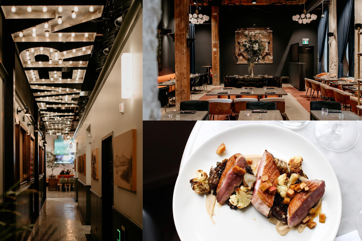 A collage featuring three scenes from a modern, upscale restaurant. The left image shows a stylish hallway with a marquee-style 