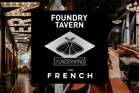 A promotional collage featuring three dining establishments. The background shows two stylish interior photos of upscale restaurants with modern lighting, wood accents, and elegant seating. Overlaid in the center is a black square with white branding