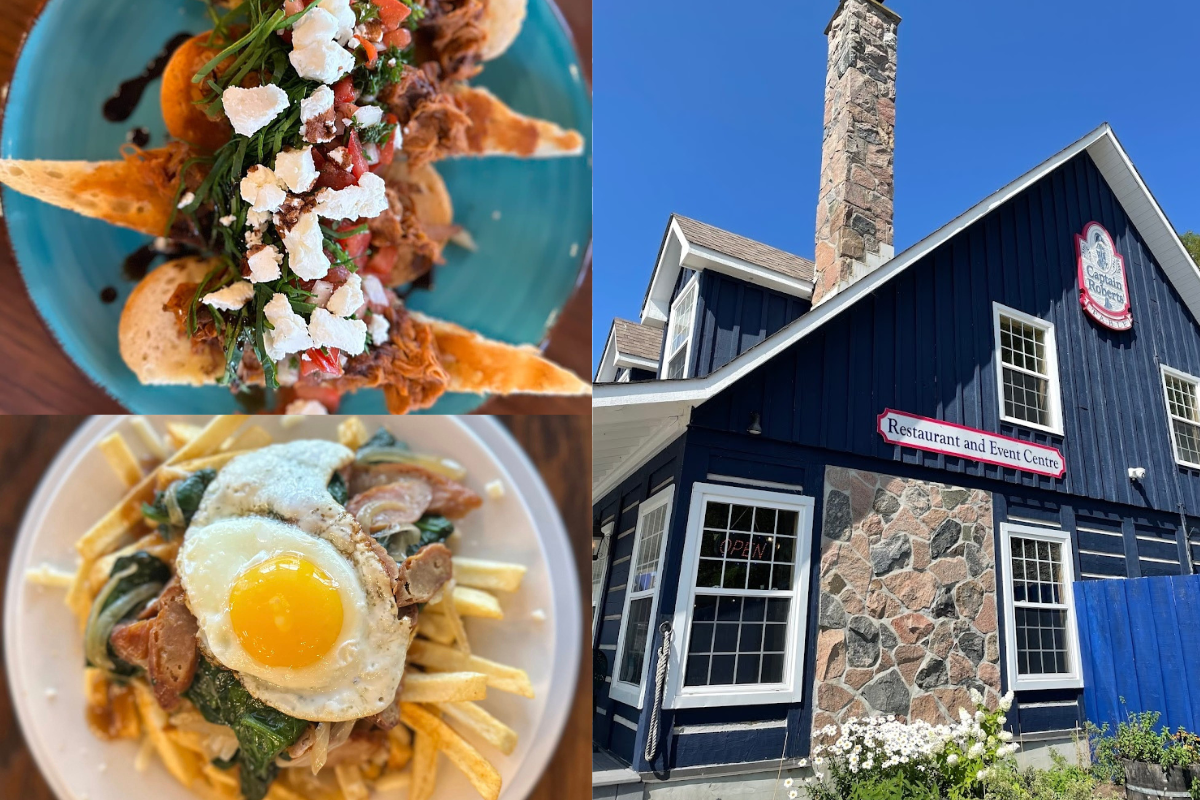 A collage of three images: the top left shows a vibrant appetizer on a turquoise plate, topped with shredded meat, arugula, diced tomatoes, goat cheese, and crostini; the bottom left features a savory dish of fries topped with sautéed greens, sliced