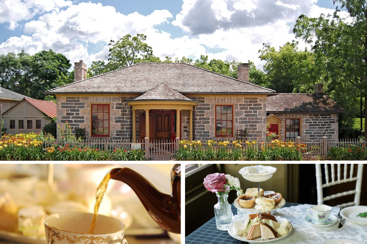 A collage showcasing McDougall Cottage Historic Site and its High Tea experience. The top half features the front view of the historic stone cottage with red-trimmed windows, a wooden door, and lush gardens full of colorful flowers. The bottom left i