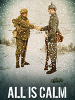 The title All is Calm: The Christmas Truce of 1914 appears in bold silver letters against a dark blue starry background, illuminated by a soft spotlight that creates a theatrical, Broadway-inspired atmosphere.