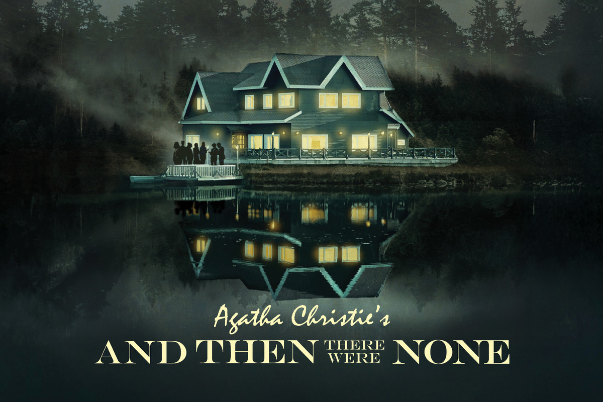 Agatha Christie's And Then There Were None appears in bold silver letters against a dark blue starry background, illuminated by a soft spotlight that creates a theatrical, Broadway-inspired atmosphere.