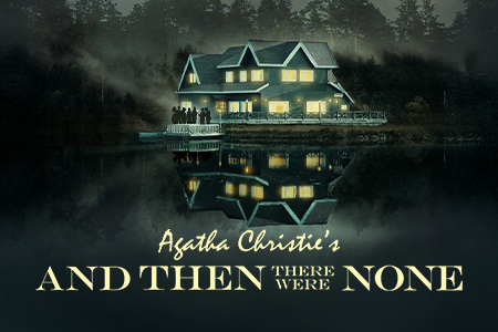 Agatha Christie's And Then There Were None appears in bold silver letters against a dark blue starry background, illuminated by a soft spotlight that creates a theatrical, Broadway-inspired atmosphere.