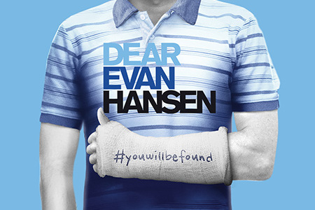 The title Dear Evan Hansen appears in bold silver letters against a dark blue starry background, illuminated by a soft spotlight that creates a theatrical, Broadway-inspired atmosphere.