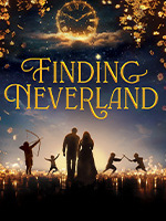 The title Finding Neverland appears in bold silver letters against a dark blue starry background, illuminated by a soft spotlight that creates a theatrical, Broadway-inspired atmosphere.